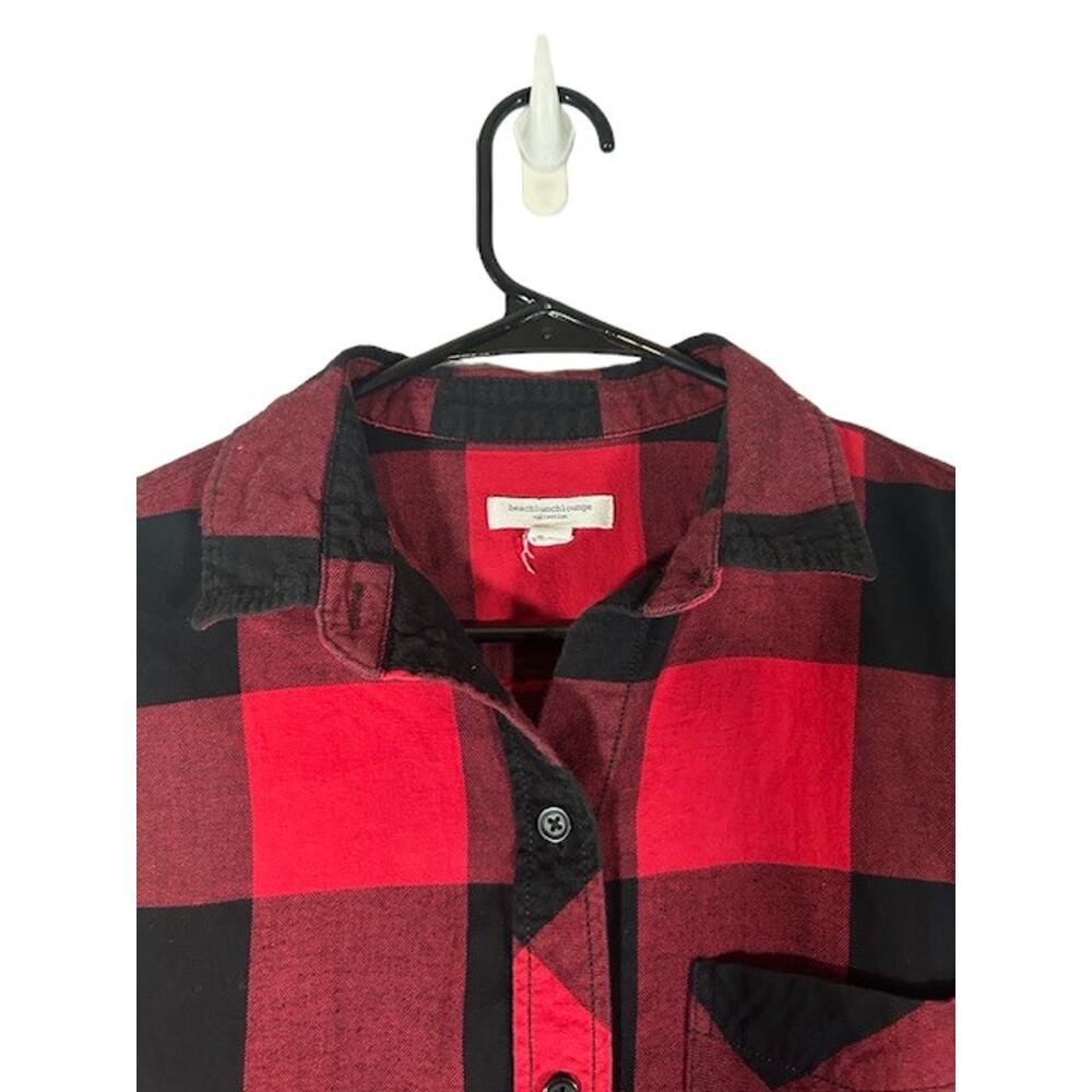 BeachLunchLounge Red Plaid Button Front Shirt Fringe Trim Long Sleeve Women Sz S - Picture 6 of 10